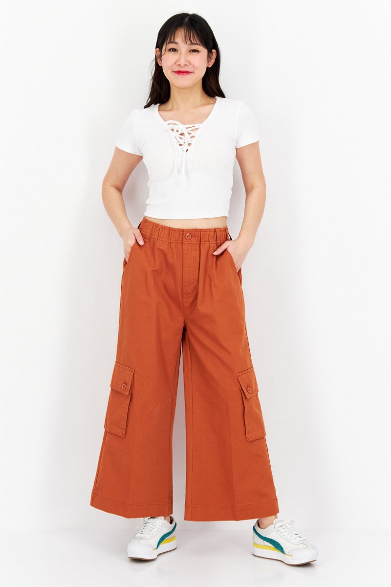 OBEY Women Regular Fit Wide Leg Plain Cropped Pants, Brown - Image 2